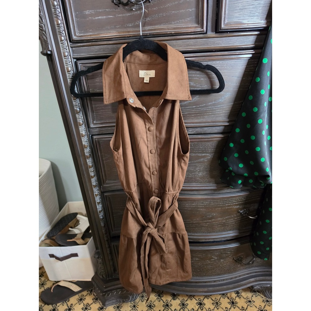 Elan Brown Faux Suede Sleeveless Button Down‎ Belted Mini Dress XS SU50312